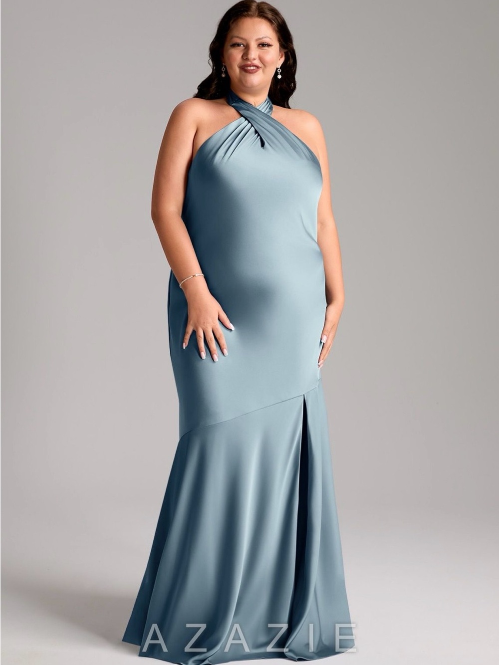 Azazie Dusty Blue Halter Plus-Size Evening Gown